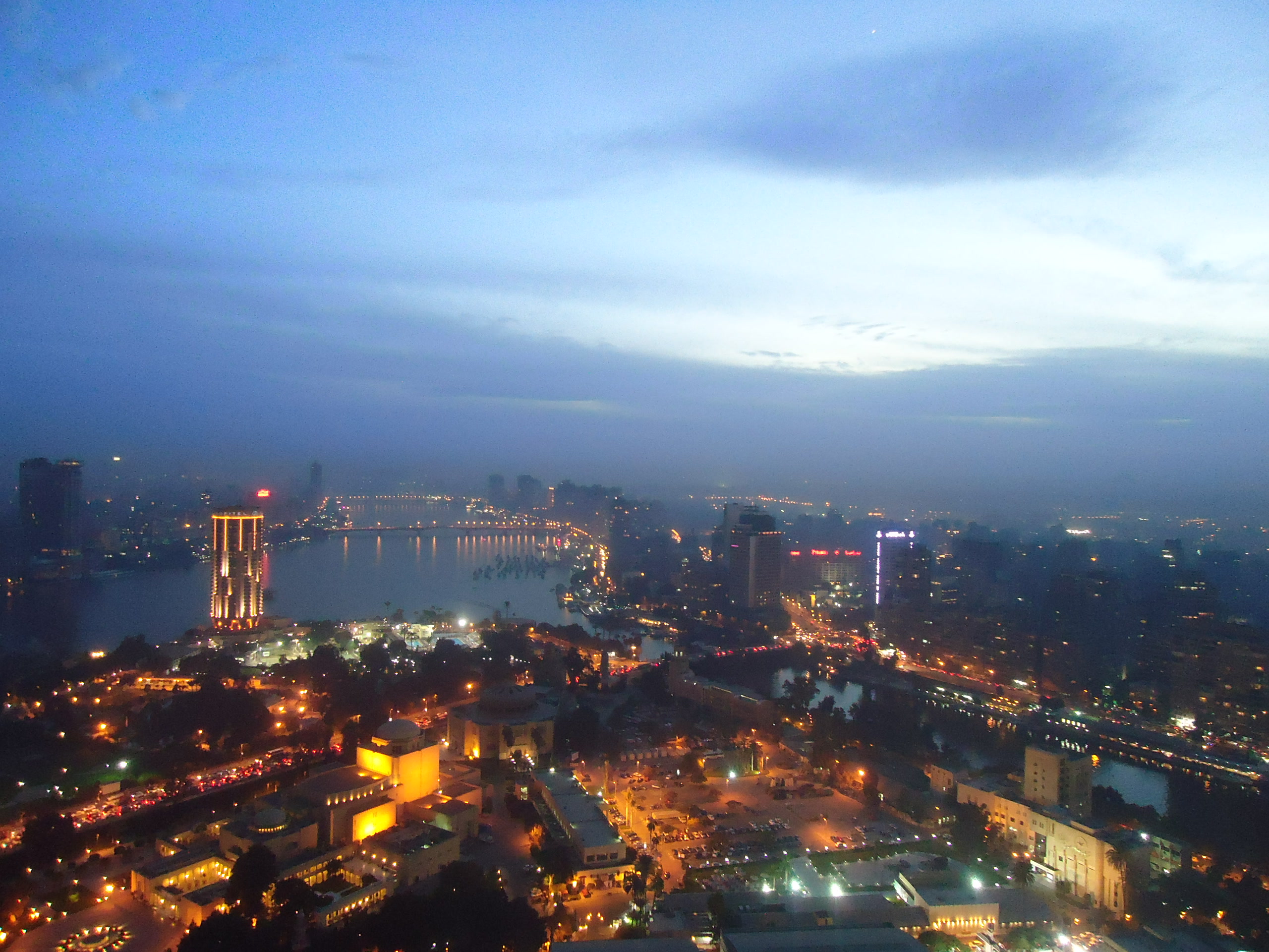 Cairo at dusk from the Cairo Tower, Nile bridges lit. Egypt, Offshore BPO Confidence Index 2023