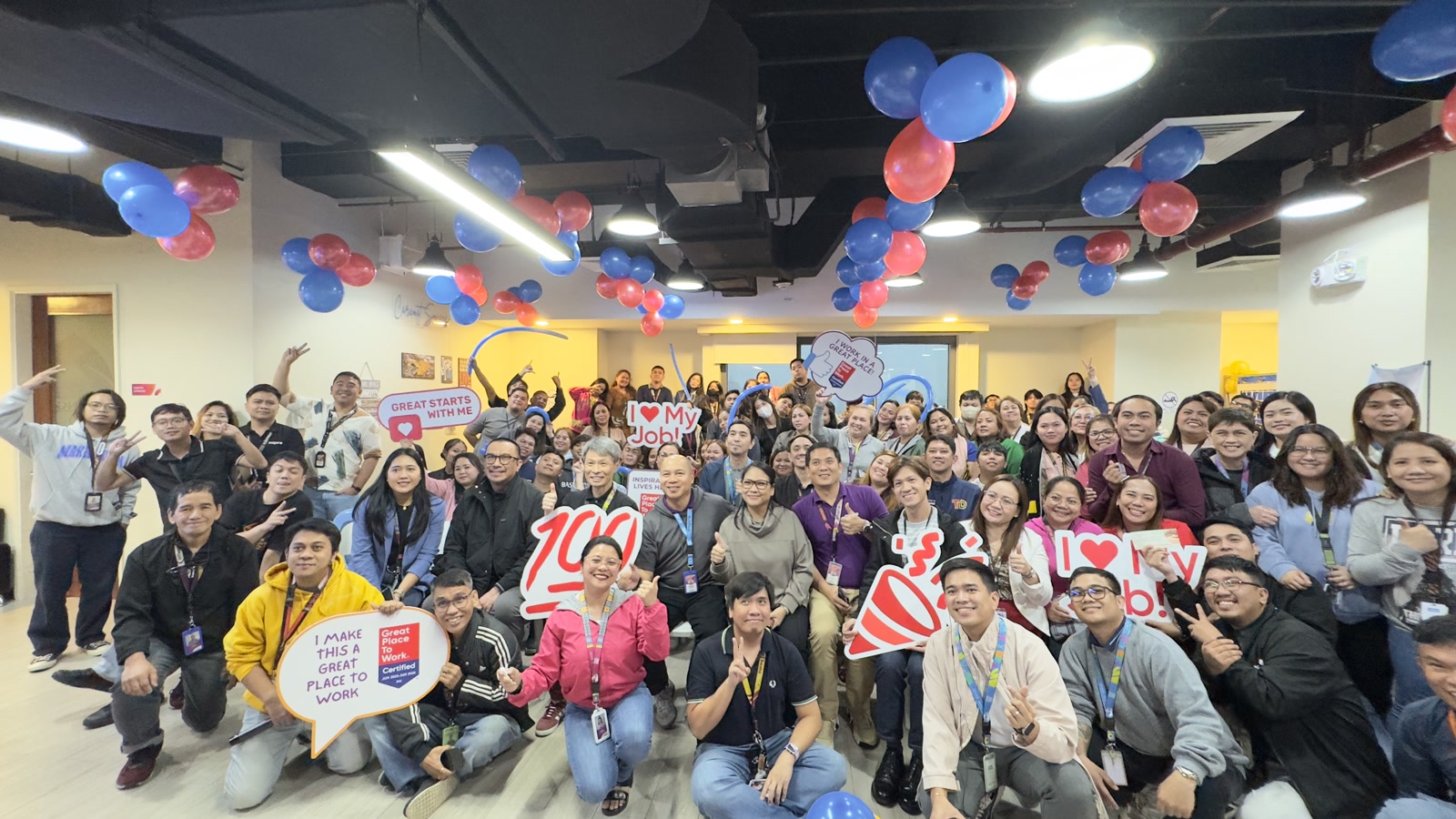 Altius Inspiro team in Philippines, Offshore CX Confidence Index 2025: About eighty employees crowded into an office with red and blue balloons and celebration signs